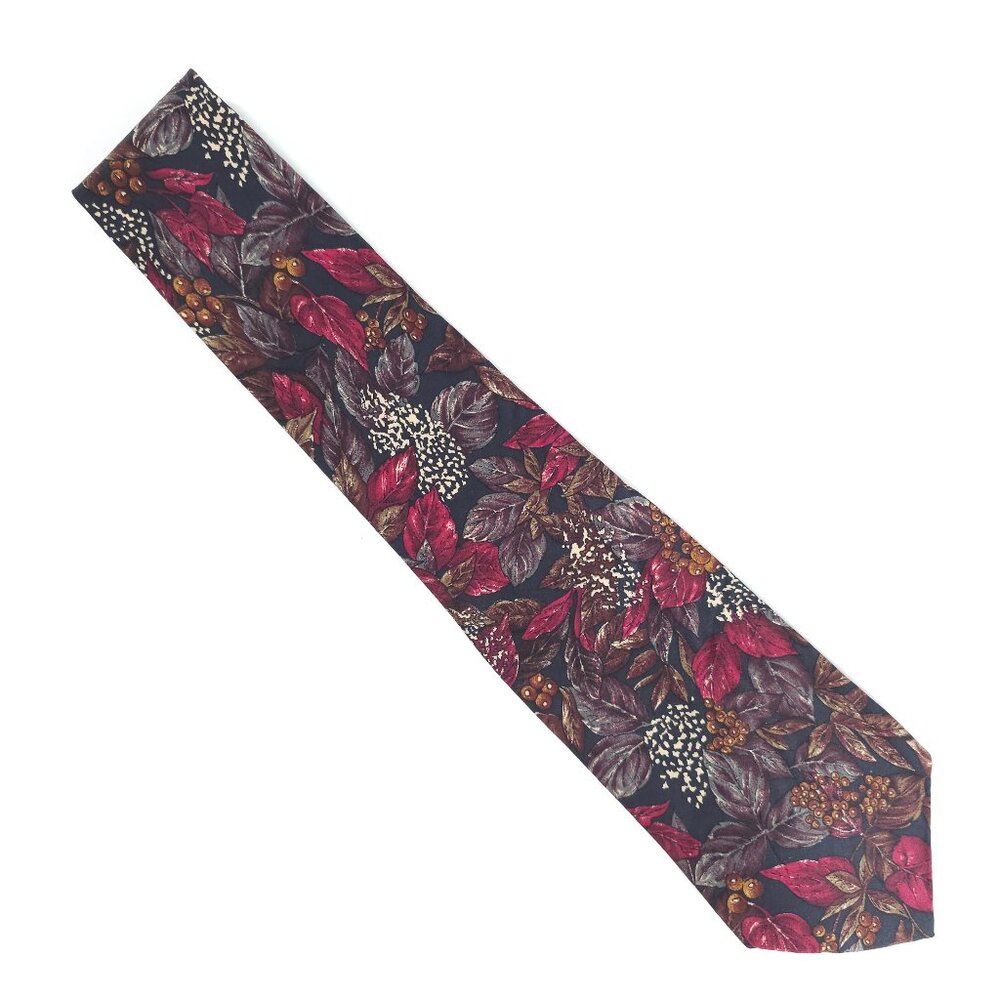 Club Room Men Fruit Leaf Necktie All Silk Black Red Multi 58x3.5 - NWOT - USA
